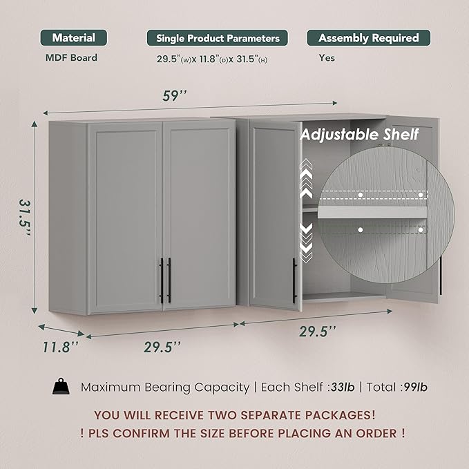 FIMELLO 59" Laundry Room Cabinets Wall Mounted, Kitchen Wall Cabinet with Adjustable Shelf, Wall Cabinets with Doors for Laundry Room, Upper Cabinets for Bathroom, Gray