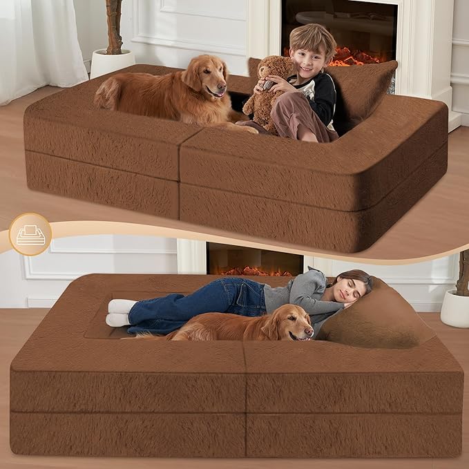 Folding Bean Bag Chair for Adults,3-in-1 Bean Bag Couch Faux Fur Floor Sofa Large Beanbag Convertible Bean Bag Sofa Bed with Pillow in Bedroom,Living Room,Apartment(Twin,Caramel)