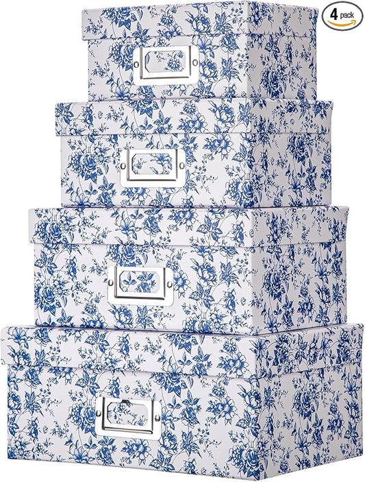 Briful Blue and white Porcelain Storage Boxes, Photos Storage Boxes with Lids 4 in 1 Set Water-proof Gift Boxes Sets Decorative Multiple Size Storage Bins for Clothes/Shoes/Office/Cosmetic/Books