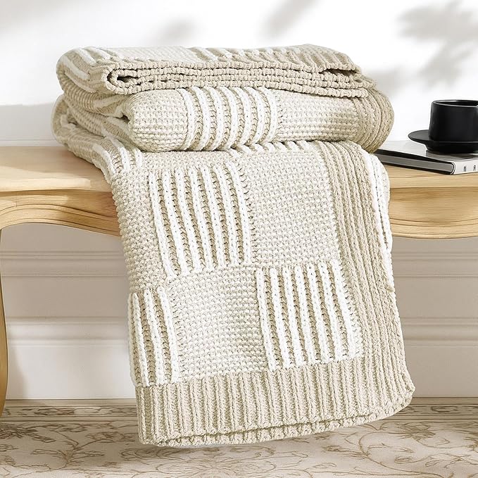 Amélie Home Chenille Knit Throw Blanket for Couch, Checkered Texture Decorative Soft Blanket for Sofa, Bed & Living Room, 50"x60", Khaki & White