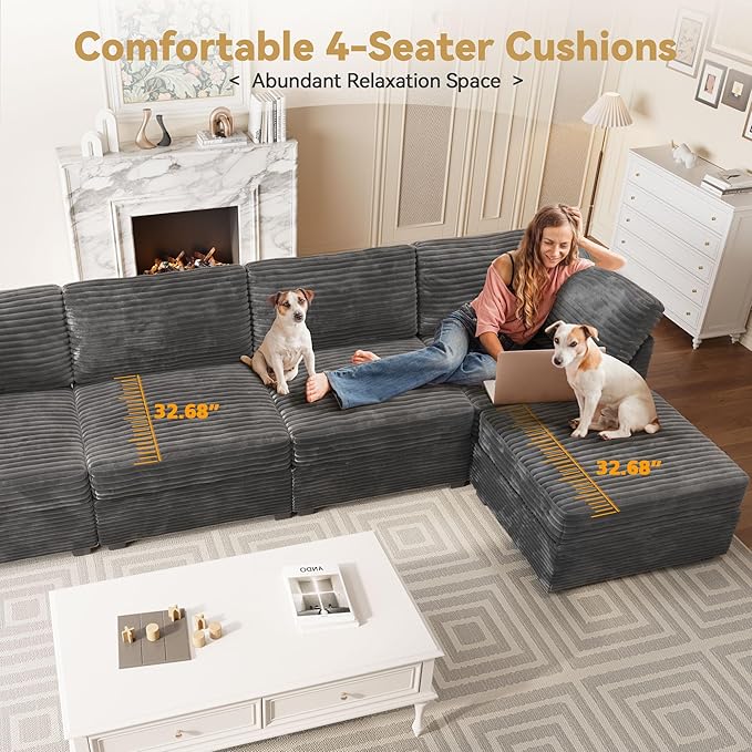 Modular Sectional Sofa, 130.7" L Shaped Couch Set for Living Room, 4-Seater Comfy Cloud Couches with Movable Ottoman, DIY Combination, Plush Corduroy, Gray