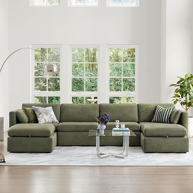 CHITA Oversized Modular Sectional Sofa, FSC Certified U Shaped Couch with Reversible Chaise Modular Sectional Couch,146 inch Width, 6 Seat Modular Sofa with Storage Ottomans, Moss Green