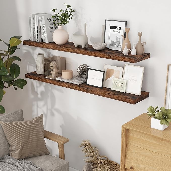 55 Inch Floating Shelves Set of 2, Rustic 55 x 9 Floating Shelf for Wall, 9 Inch Deep Wall Shelves Invisible Bracket, Large Deep Shelving for Bedroom, Kicten, Living Room, Rustic Brown Color