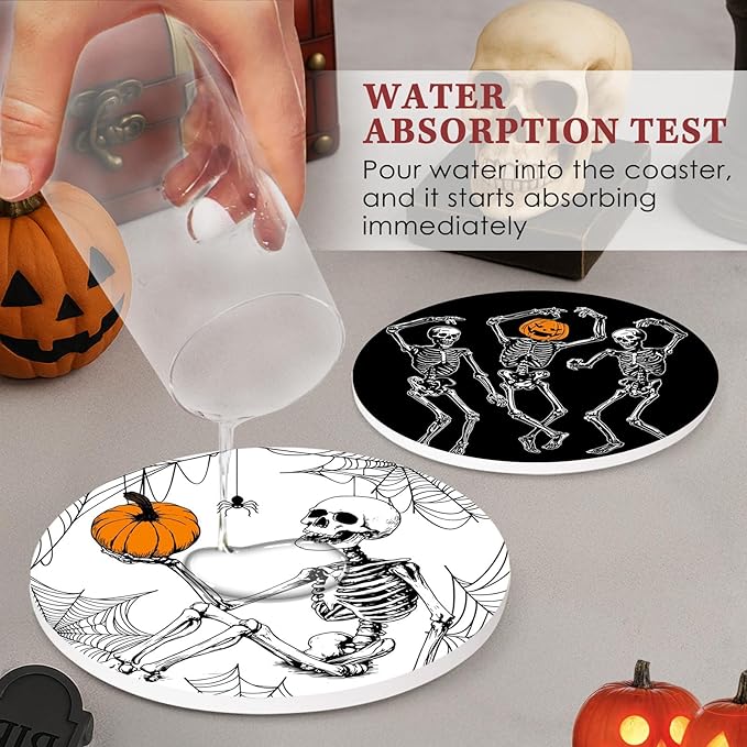 Coaster for Drinks Set of 6, Happy Fall Absorbent Round Ceramic Stone Mat, with Cork Base and Metal Holder