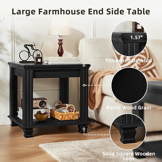 Farmhouse End Table Set of 2,Large Side Table with 2-Tier Storage Shelf,Rustic Wood End Tables for Living Room,Square Tea Table, Black