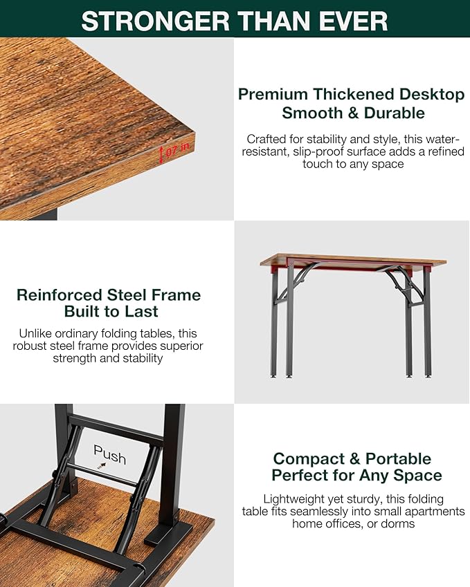 Frylr Small Folding Computer Desk – 55.1 Inch Portable Table for Craft and Study, Lightweight Desk for Small Spaces, Foldable Laptop Table Built-in AC/USB Outlets for Convenience, Rustic Brown