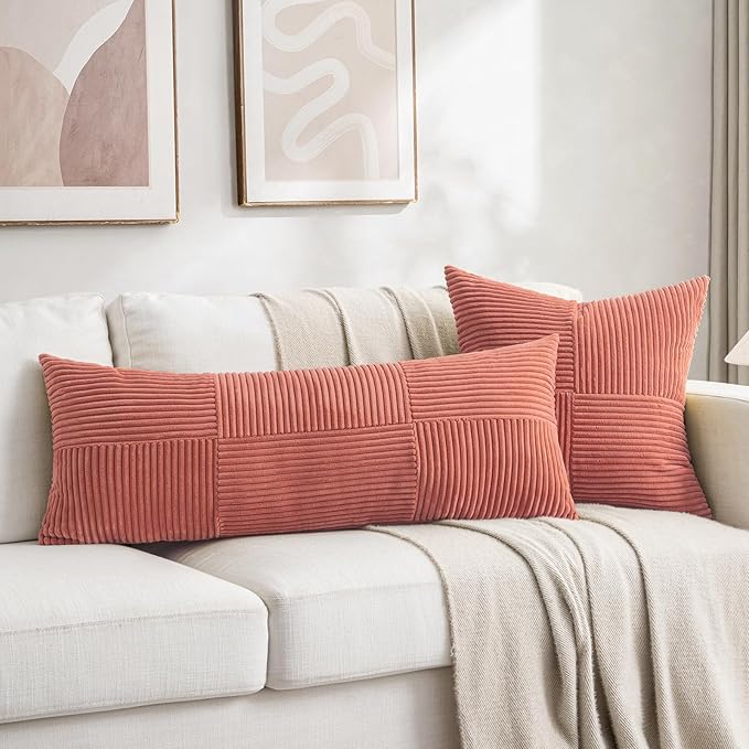 Fancy Homi 2 Packs Coral Decorative Throw Pillow Covers 16x16 Inch for Living Room Couch, Rustic Farmhouse Boho Home Decor, Soft Corss Patchwork Corduroy Textured Square Peach Cushion Case 40x40 cm