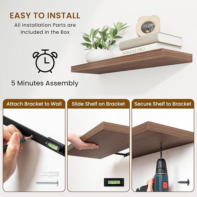 Fun Memories 55 Inch Fireplace Mantel Shelf -Long Floating Shelves, Deep Wall Mounted Farmhouse Display Shelves with Invisible Heavy Duty Metal Bracket, Walnut, 2 Pack