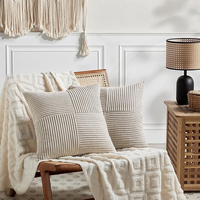 Fancy Homi 2 Packs Neutral Taupe Samll Decorative Throw Pillow Covers 14x14 Inch with for Couch Bed Sofa, Rustic Farmhouse Boho Home Decor, Soft Corss Patchwork Corduroy Square Cushion Case 35x35 cm