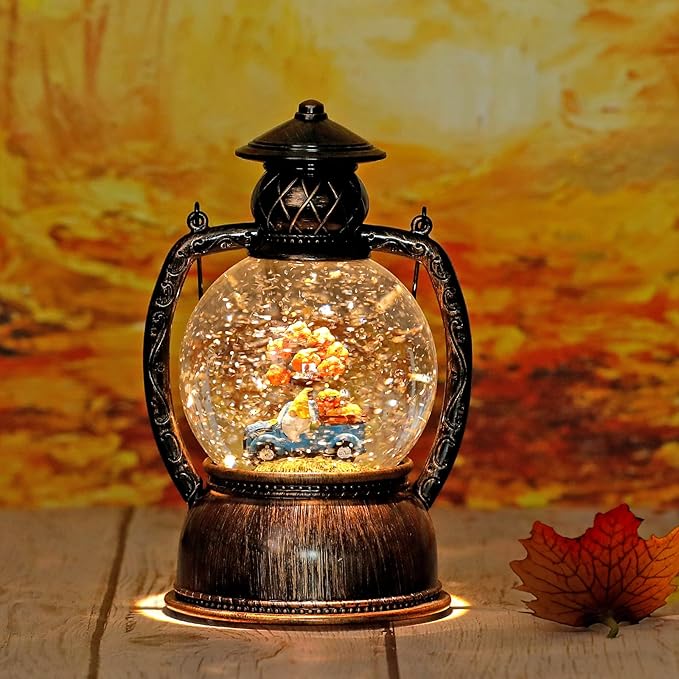 Fall Snow Globes, Blue Truck Pumpkin and Gnome Scene Snow Globes, Glittering Lantern with Timer, Snow Globe Lantern USB or Battery Powered for Fall Festival Thanksgiving Day Decor