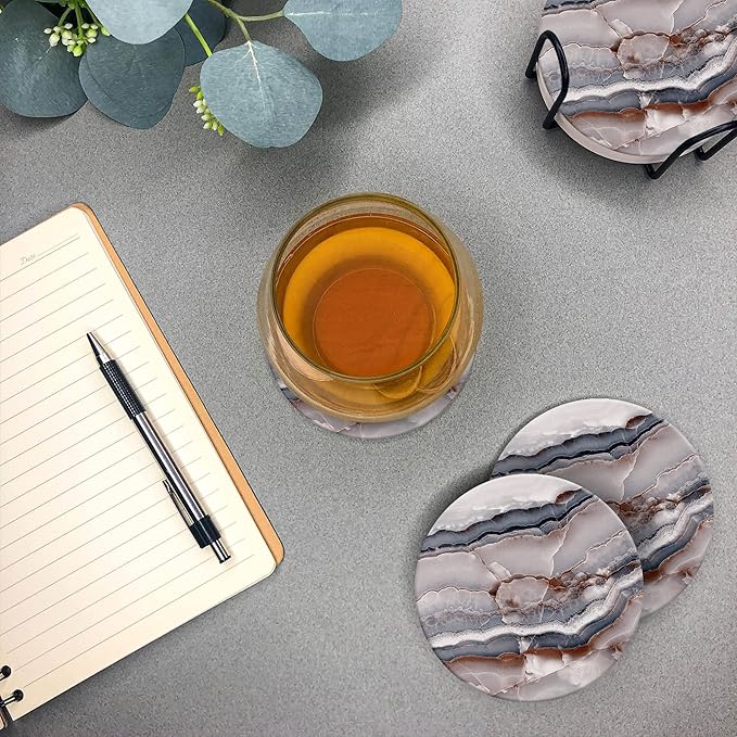 Emerson Coasters for Drinks Absorbent – Natural Stone Drink Coasters Set with Holder, Coasters for Coffee Table, Wooden Tabletop Protection Marble Style – 100% Heavy Duty, Set of 6 (Onyx)