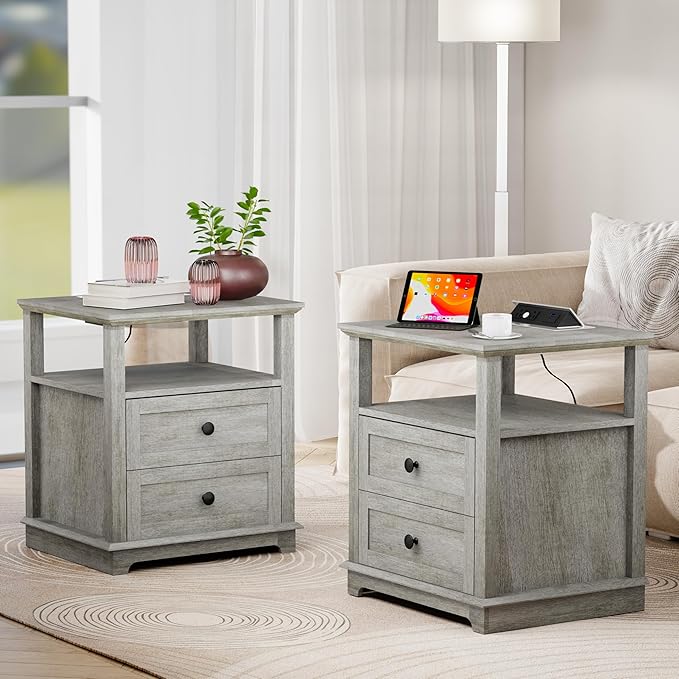 HIFYOBRO Large End Table Set of 2, 2 Drawers and Hidden Charging Station, Type-C & USB Port & Power outlets, Wooden End Table, Side Table with Storage for Living Room and Bedroom