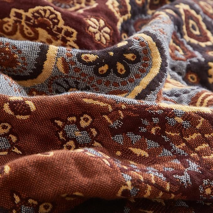 Boho Throw Blanket for Couch Sofa Bed, 100% Cotton Woven Quilt with Tassel 80”x90”, Super Soft Muslin Blanket with Patchwork Printed, Decorative Reversible Bed Blanket/Cover for All Seasons