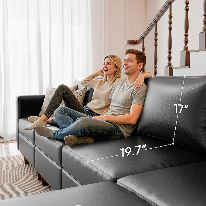 ABCASA 64.6" Faux Leather Loveseat Sleeper Sofa Bed with Storage Seat, Modern Modular Sectional Couch Deep Seat with Reversible Chaise 2-Seat Black for Apartment, Living Room, Bedroom