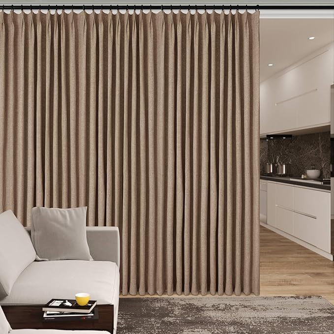 150 Inches Extra Wide Room Divider Draperies, Pinch Pleat Drapes, Absolutely Blackout Sliding Door Drapery, Total Privacy Ceiling Track Curtains, 150" W by 96" L, Taupe (1 Panel)