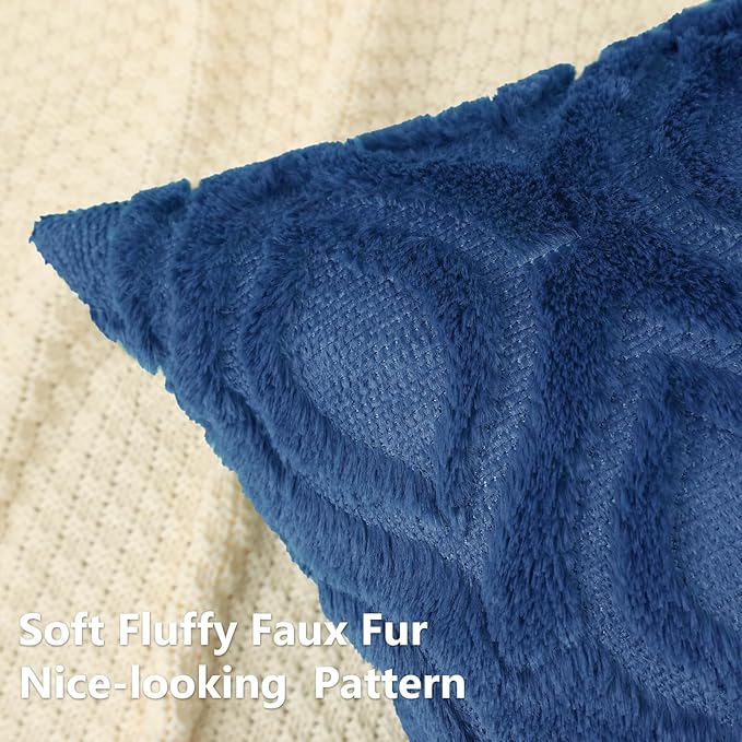 decorUhome Fall Throw Pillow Covers 16x16 Inch Set of 2, Soft Plush Decorative Faux Fur Dark Blue Solid Couch Pillow Covers, Accent Farmhouse Neutral Square Euro Pillow Cases for Sofa Bed Living Room