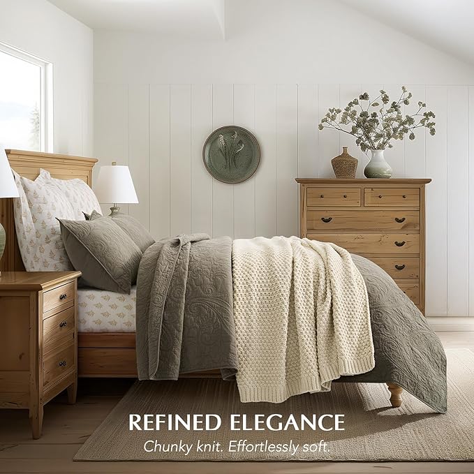 Chunky Chenille Knit Throw Blanket for Couch, Soft Luxurious Moss Stitch Blankets for Bed, Cozy Decorative Farmhouse Knitted Throws for Sofa, Beige, 50" x 60"