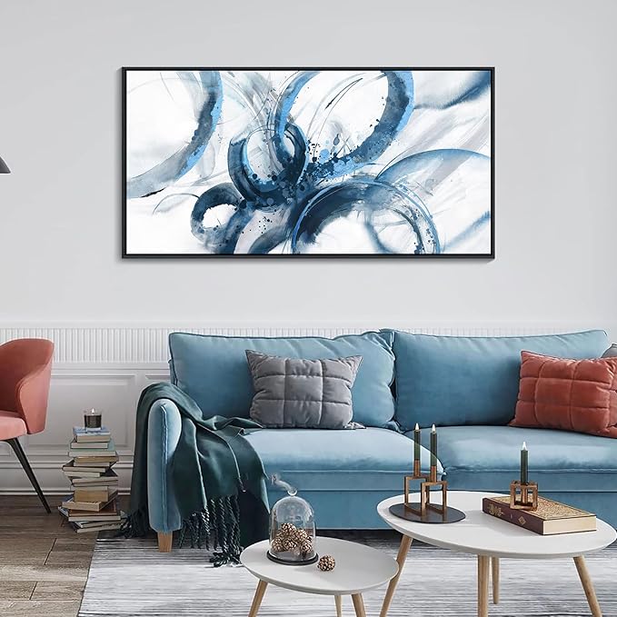 AJAZIKO Blue Wall Art Large Pictures for Living Room Abstract Wall Decor Wall Decoration Print Pictures Canvas Framed Artwork Paintings for Office Above Bed Wall Decor 24×48IN
