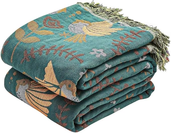 Boho Throw Blanket, 100% Cotton Ultra Soft Luxury Throw Rustic Quilt, 80"x90" Floral Printed Farmhouse Decor Bed Summer Blankets, All Season Rustic Reversible Bohemian Throw for Bed - Blue