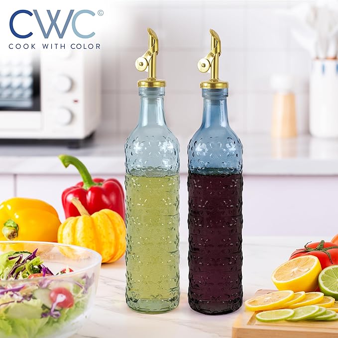 COOK WITH COLOR Glass Olive Oil Bottle Dispenser - 2 Pack- 17oz Oil and Vinegar Cruet - Olive Oil Carafe Decanter for Kitchen