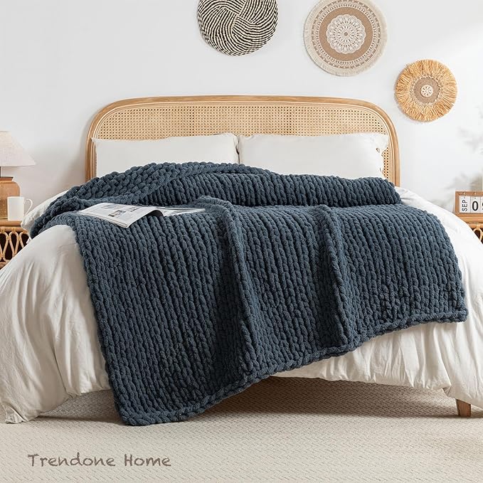 Chunky Knit Blanket Throw, 100% Hand Knit Throw Blanket Handmade Chenille Cable Knit Throw for Couch, Stylish Cozy Soft Rope Knot Crochet Blanket for Home Decor, Blue Mirage, 60x80 Inches
