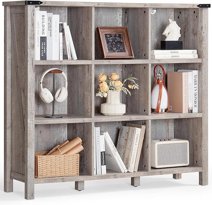 9 Cube Bookcase, Farmhouse 47 Inch Wide Grey Oak Bookshelf, Wooden 3 Tier Display Large Open Book Shelf, Vintage Horizontal Book Case for Home Office, Cubby Storage Cabinet for Living Room