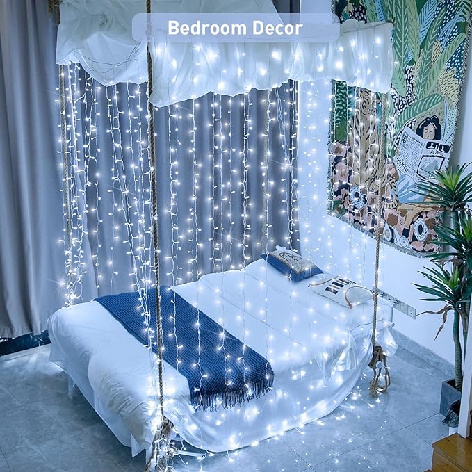 JMEXSUSS 900LED Christmas Curtain Lights, 9.5x29.5ft White Indoor/Outdoor Plug-in with Remote, Window Hanging String Lights for Bedroom, Wedding, Xmas Decoration