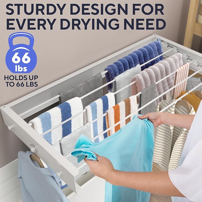 Foldable Wall Mounted Drying Rack 40 inch - Easy to Install Hanging Rack for Laundry Room - Space Saving Design with 66-lb Capacity - Perfect Drying Racks for Clothes Towels & More