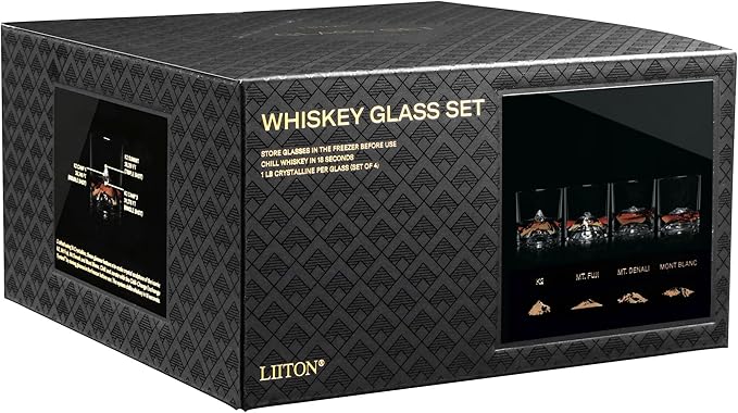 The Peaks Heavy Crystal Whiskey Glasses Gift Set of 4, Thick Freezable Bourbon Glass 1lb Each, Premium Whiskey Gifts for Men, Frozen Crystal Chills Cocktails, 10 oz