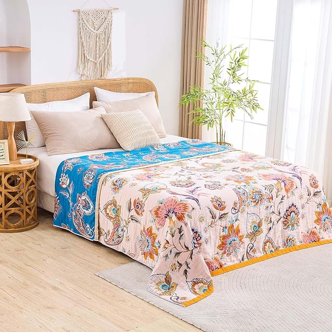 Boho Throw Blanket for Bed, 100% Cotton Soft Rustic Quilt Fall Blanket, 90"x98" Floral Printed Farmhouse Decor Bed Blankets, All Season Rustic Reversible Bohemian Throw Quilt