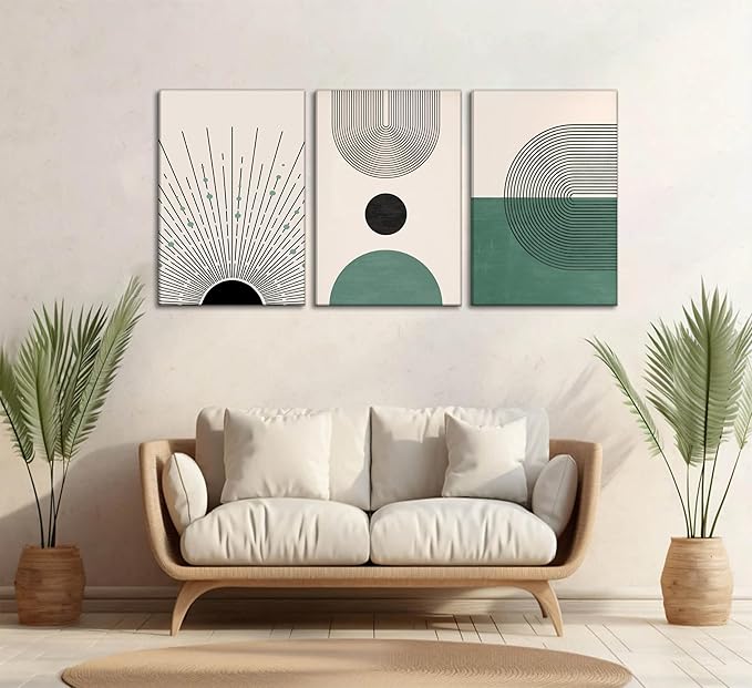 3 Pcs Sage Green Boho Canvas Wall Art Modern Abstract Minimalist Neutral Bohemian Sun Geometric Line Painting Picture Wall Decor Poster Print Artwork for Living Room Bedroom Home Decoration