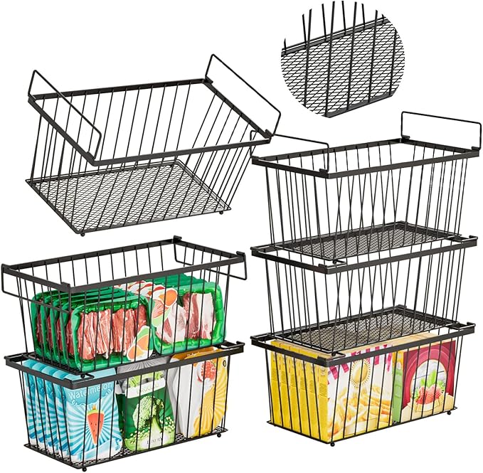 6 Pack Stackable Deep Freezer Organizer Bins ，Upgraded Bottom Leak-Proof net，Encryption and Hardening ， Freezer Organizer Bins for 5 to 9 Cu.FT Small Chest Freezer， Easy Get Bottom Foods
