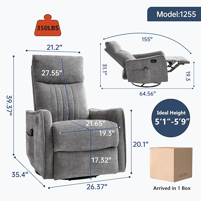 Manual Swivel Rocker Recliner Chair for Adults, Overstuffed Reclining Glider Chair for Nursing with Vibration Massage & Heat, Living Room Rocking Recliner 2-Stage backrest, Chenille Fabric Dark Gray