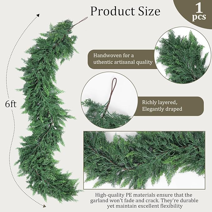 Hananona 6 FT 2 Pcs Artificial Cedar Garlands, Real Touch Winter Cedar Garland, Green Artificial Greenery Pine Garland for Table, Mantle, Wall, Indoor, Outdoor Christmas Decorations (2, 6 FT)