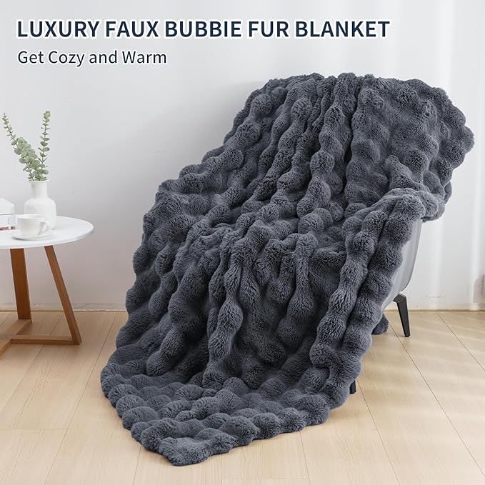 Cozy Faux Fur Throw Blanket for Bed-Warm Fuzzy Throw Blanket, Soft Plush Thick Bubble Blankets for Bedroom and Living Room, Furry Luxury Blanket, 60 x 80, Grey