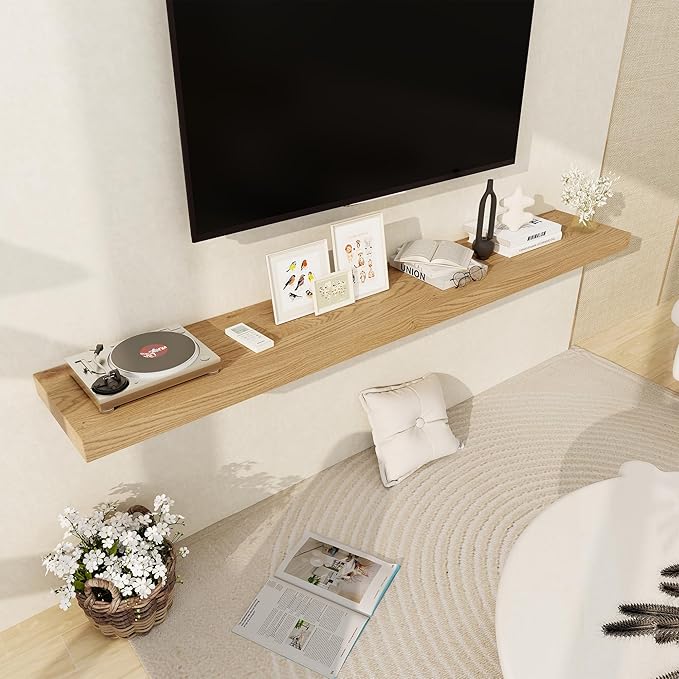 Fun Memories 72 Inch Floating Shelf, 12 Inch Deep Wall Shelf for Fireplace Mantel, Deep Storage Shelves for Home & Office, Wall Shelves with Invisible Bracket, Oak, Set of 1