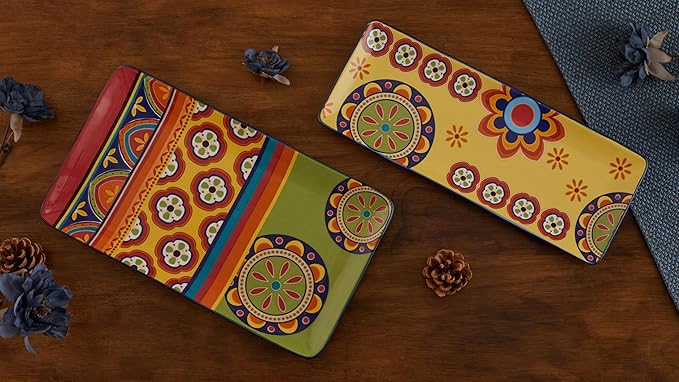Bico Tunisian Ceramic 14 inch Rectangular Serving Platter, Set of 2, for Serving Salad, Pasta, Cheese, Ham, Appetizer, Microwave & Dishwasher Safe