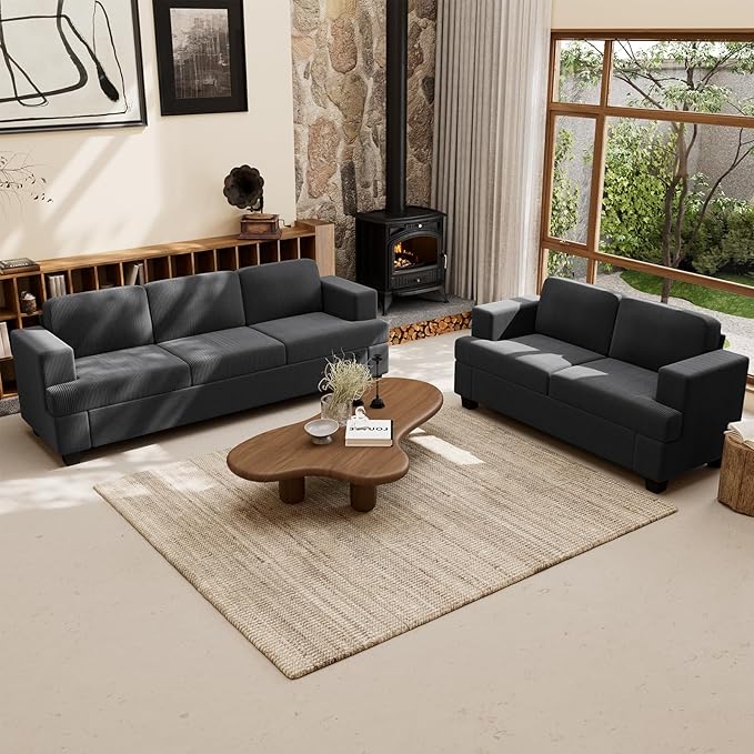 63” Corduroy Loveseat Sofa Couch for Living Room, Small Couch with Deep Seat for Bedroom, Comfy Could Loveseat for Small Living Room, Black Corduroy