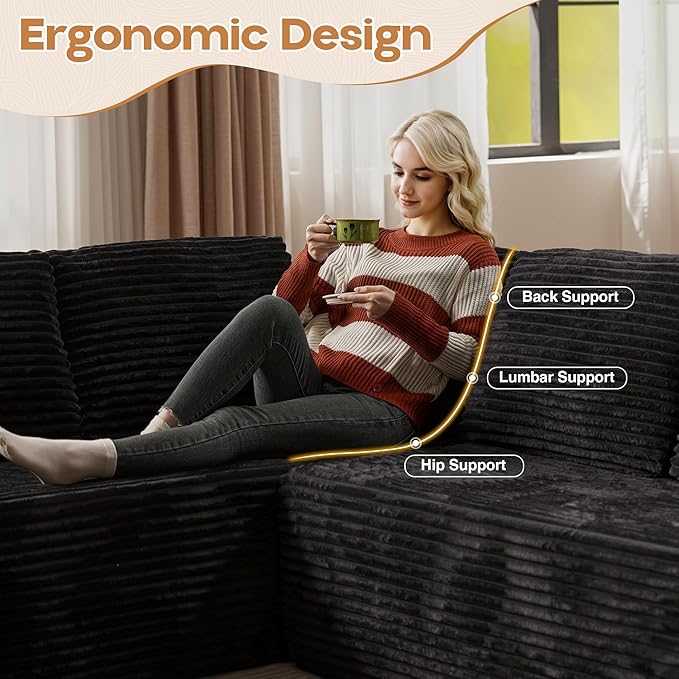 Cloud Sectional Couches for Living Room,U Shaped Modular Sofas No Assembly,165x107 Inches Plush Corduroy Oversized Floor Couch Set with Deep Seat Chaise,Black