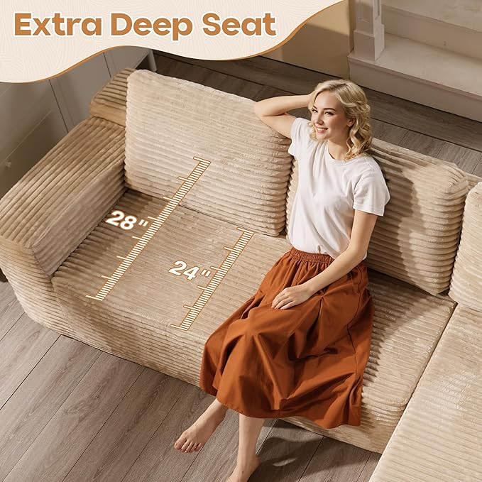 Cloud Sectional Couches for Living Room,U Shaped Modular Sofas No Assembly,133x68 Inches Plush Corduroy Oversized Floor Couch Set with Deep Seat Chaise,Beige