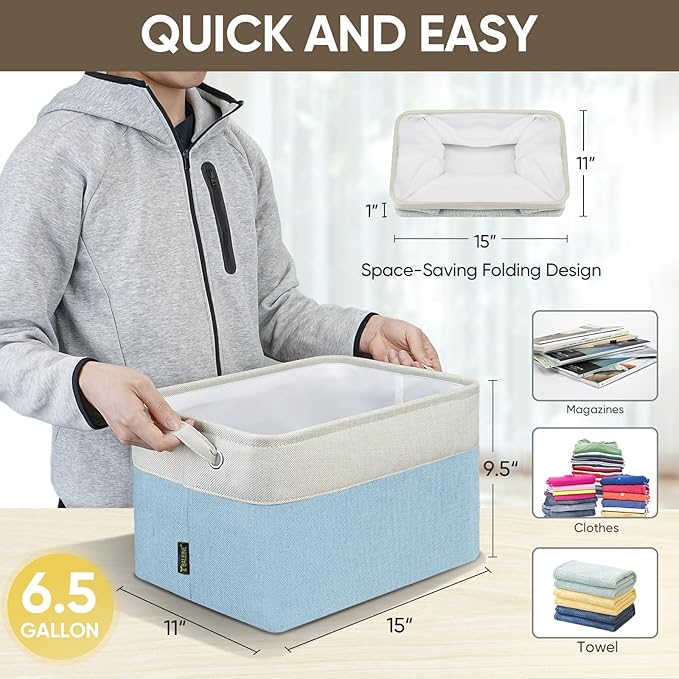 BALEINE 1 Pack Fabric Storage Bins for Shelves, Linen Storage Baskets for Organizing, Decorative Closet Bins for Clothes, Home (Skyblue, 15''x11''x9.5'')