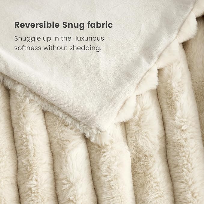 Cozy Bliss Faux Fur Throw Blanket for Couch, Cozy Warm Plush Striped Blanket for Sofa Bedroom Living Room,60 * 80 Inches Beige