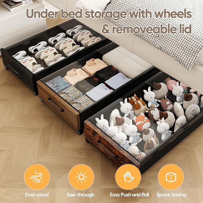 Wooden Under Bed Storage with Wheels, Rolling Under the Bed Storage Bins with Removable Lid, Metal Under Bed Drawers for Clothes and Shoes in Bedroom or Living Room(Black Wood-1pack)