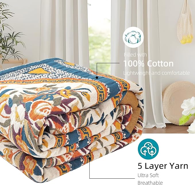 Boho Throw Blanket for Bed - 100% Pure Cotton Ultra Soft Rustic Quilt - Farmhouse Decor Bed Blankets, All Season Rustic Throw for Sofa Couch Chair(91''x 98'', Floral)