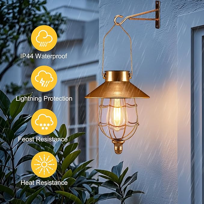 pearlstar 2 Pack Solar Lantern Outdoor Hanging Light Waterproof Metal Solar Lamp for Yard Garden Pathway Patio Porch Decor(Copper)