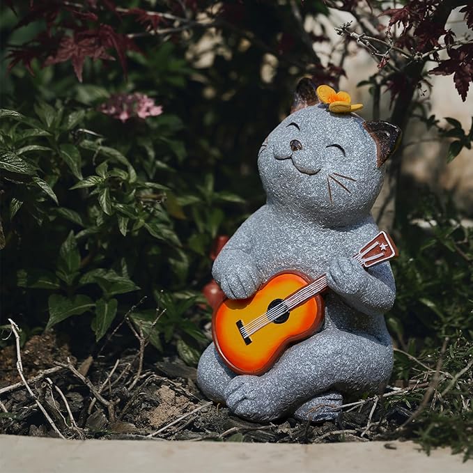 Cat Garden Statue Outdoor Decor, Cat Sculpture with Guitar and Butterfly for Yard Lawn Patio Balcony, Birthday Housewarming Gifts for Mom, Grandma, Women, 8.8 inch, Resin