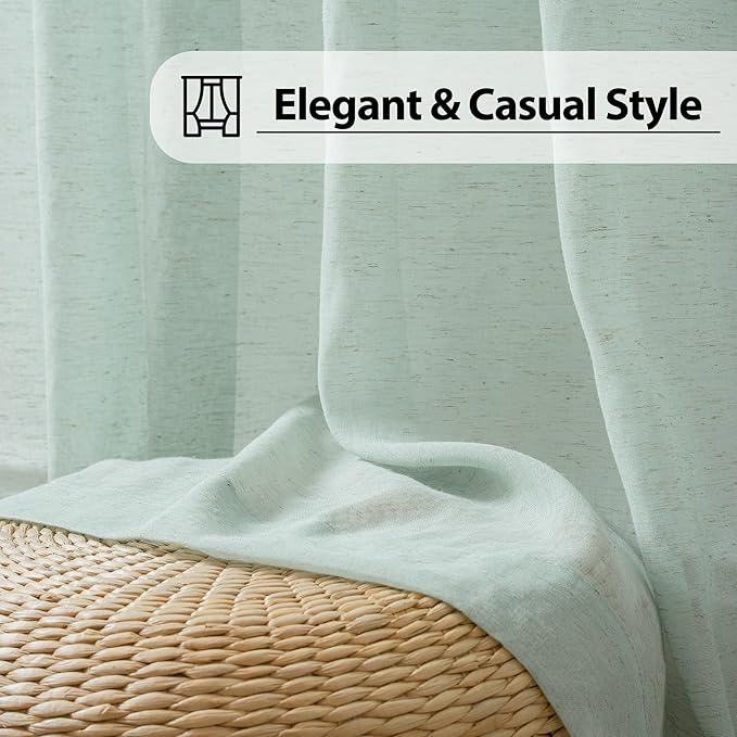 FMFUNCTEX Linen Sheer Curtains for Bedroom, Sage Green Curtains 84 inches Long for Living Room, Farmhouse French Flax Blend Window Draperies, Rod Pocket 2 Panels Set