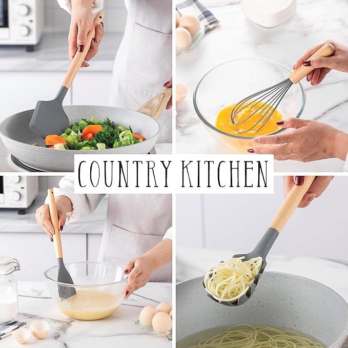 Country Kitchen Non Stick Silicone Utensil Set with Rounded Wood Handles for Cooking and Baking, 14 Piece Set, Gray