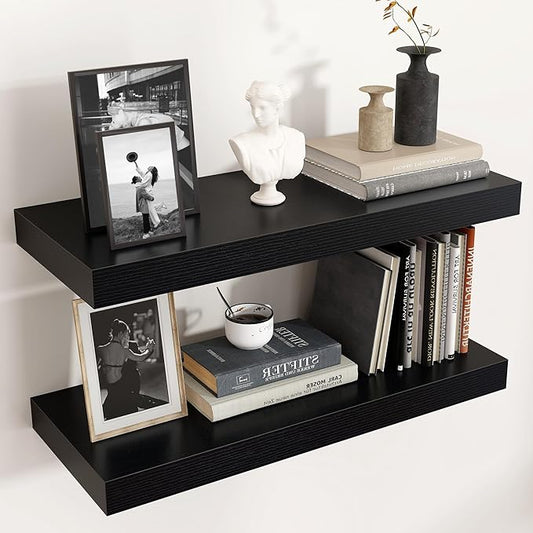 Floating Shelves - 2 Large Wall Mounted Shelves with Invisible Brackets, Long Wood Floating Wall Shelf for Living Room, Bedroom, Kitchen (Black, 24" W x 9" D x 1.5" H)