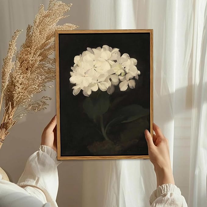 Framed Wall Art for Living Room – Vintage White Hydrangea Oil Painting Canvas Prints, Aesthetic Bedroom Wall Art, Kitchen Decor for Shelves, Bathroom Office Artwork Wall Decor – 16x24in